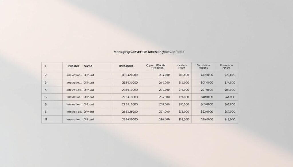 A clean, minimalist cap table interface, displaying rows of convertible note data under the Accounts Xpertz branding. The table shows details like investor names, investment amounts, conversion triggers, and dilution percentages. The background is a soft, elegant gray, with a subtle grid pattern providing structure. Warm, directional lighting casts a gentle glow, highlighting the crisp typography and clean layout. The overall scene conveys a sense of professionalism, organization, and financial control, reflecting the &amp;quot;Managing Convertible Notes and SAFEs on Your Cap Table&amp;quot; section of the article.