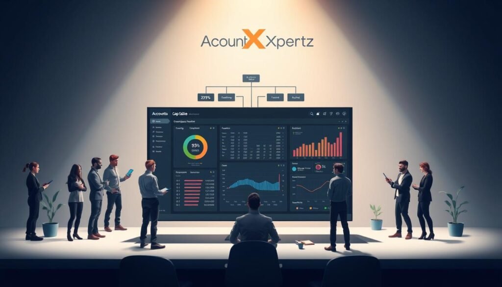A meticulously crafted cap table management visualization for diverse stakeholders, rendered in a sleek, modern style. In the foreground, a central dashboard displays comprehensive cap table data, with intuitive visualizations and analytics. Surrounding this, various stakeholder groups are depicted - founders, investors, employees - each represented by detailed character illustrations interacting with the dashboard. The middle ground features a stylized organizational chart, while the background showcases the Accounts Xpertz logo, conveying a sense of professionalism and expertise. Lighting is soft and directional, creating depth and emphasizing the centrality of the cap table management system. The overall mood is one of clarity, control, and collaborative decision-making.